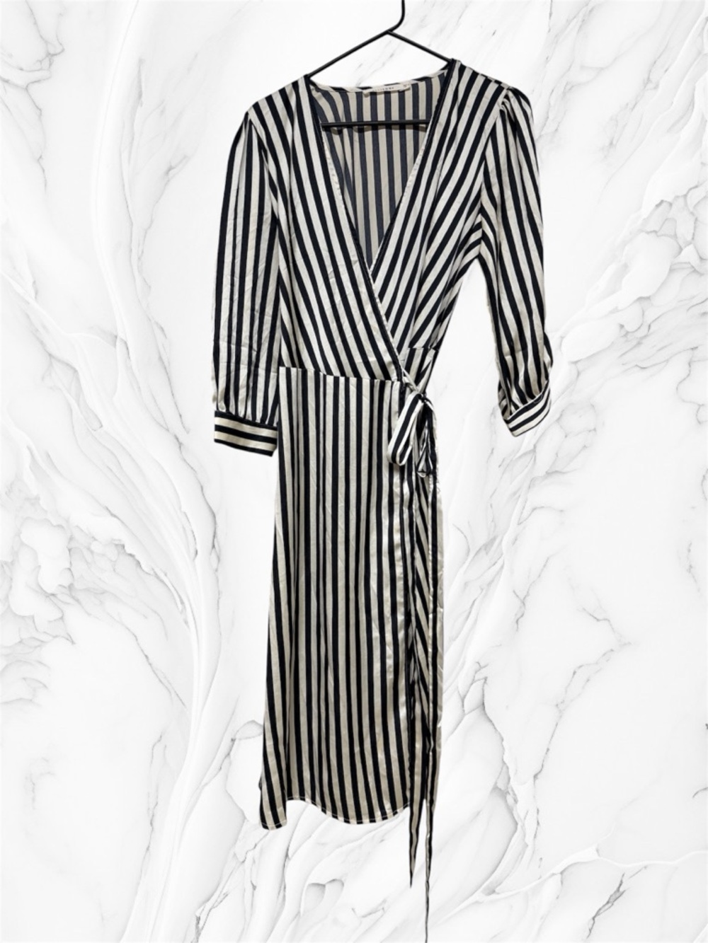 Ellison Black and White Striped satin Wrap Midi Dress small